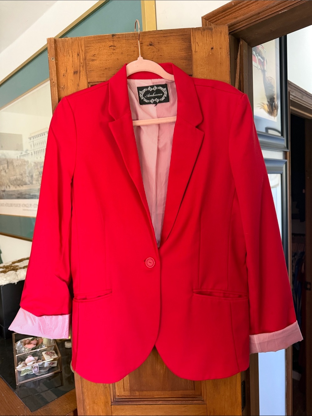 Ambiance Vibrant Red Single-Button Women's Blazer